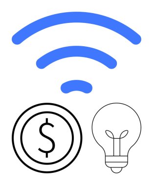 Kablosuz sinyal ikonu para sembolü ve ampul üzerinde finansal büyüme, teknoloji, enerji çözümleri ve yaratıcılığı simgeler. İş için ideal, yenilik, fintech, bağlantı