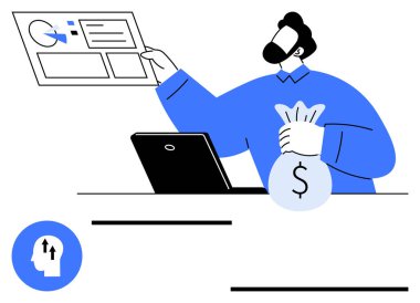 Elinde para çantası olan bir adam masanın üstünde dizüstü bilgisayarla mali bir raporu analiz ediyor. İş, finans, yatırım, strateji, üretkenlik, analiz, basit iniş sayfası için ideal