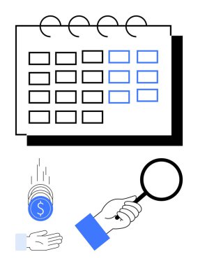 İşaretli tarihli takvim, büyüteç odağı sembolize ediyor, el düşen paraları alıyor. Finans, programlama, organizasyon, planlama, üretkenlik, yatırım sade iniş sayfası için ideal