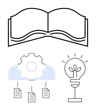 Açık kitap eğitimi, teçhizat bulutu ve belgeler veri alışverişini simgeler. Ampul ise yaratıcılığı simgeler. Eğitim, araştırma, teknoloji, bilgi paylaşımı ve yenilik için ideal