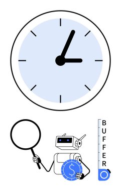 Robot saat altı büyüteç ve bozuk para tutuyor. Tampon seviyesinde. Üretkenlik, verimlilik, planlama, zaman yönetimi, bütçe, otomasyon, analiz için ideal. Düz basit metafor