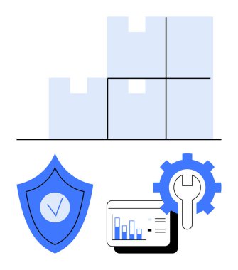 Depo, güvenlik için kalkan, veri analizi için bar çizelgesi ve optimizasyon için ingiliz anahtarı ile donatılmış ekipmanların yanında duruyor. Lojistik, depolama, analitik, tedarik zinciri, güvenlik, depo için ideal