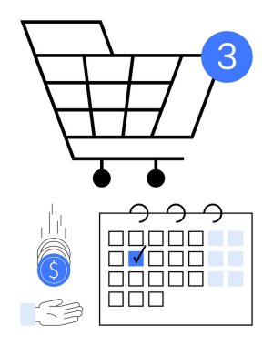 Satın alma sayılı alışveriş arabası, ele geçen para, kontrol edilen takvim. E-ticaret, çevrimiçi alışveriş, bütçe hesaplama, programlama, anımsatma, basit iniş sayfaları düzenlemek için ideal