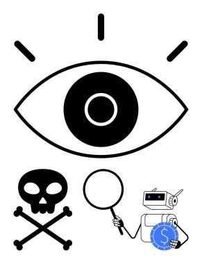 Işıldayan çizgileri, kafatası ve çapraz kemikleri olan büyük göz büyüteç ve dijital parayla analiz eden robot. Siber güvenlik, risk analizi, veri gizliliği, kötü amaçlı yazılım tespiti için ideal