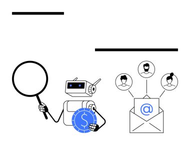 Robot madeni parayı inceliyor ve e-posta ağı bağlantılarıyla etkileşime geçiyor. Teknoloji için ideal, yapay zeka, finans, iletişim, veri analizi, otomasyon, yenilik. Düz