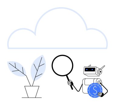 Robot saksı bitkisini büyüteçle inceliyor, büyümeyi ve teknolojiyi ön plana çıkarıyor. Yapay zeka, yenilik, bulut hesaplama, sürdürülebilirlik, veri analizi, fütüristik temalar, düz basit