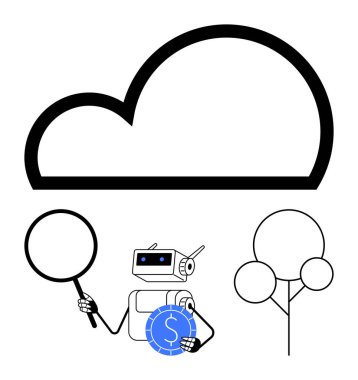 Robot büyüteçle bulutu inceliyor ve dijital para tutuyor. Tarzlı ağaçların yanında. Yenilik için ideal, yapay zeka, finans, teknoloji, çevre, araştırma bulut deposu. Düz basit metafor