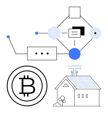 Engelleme zinciri bağlantı diyagramı yenilenebilir enerji kaynakları, bitcoin ve güneş enerjisiyle çalışan ev kullanımına bağlıdır. Enerji, engelleme zinciri, sürdürülebilirlik, teknoloji, kripto para birimi, ademi merkeziyet için ideal