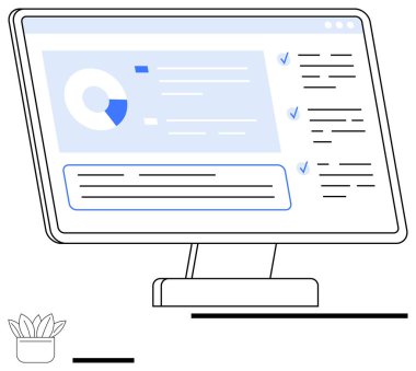 Bir pasta grafiği, kontrol işaretli görev listesi ve metin içeren ekranı izle. Minimalist tasarım, verimlilik, veri analizi, yönetim, organizasyon iş akışı kullanıcı arayüzü. Basit için ideal