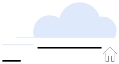 Büyük mavi bulut, soyut siyah ve mavi yatay çizgiler, küçük geometrik ev. Teknoloji, hava durumu, bağlantı, veri depolama, basitlik, modern tasarım basit iniş sayfası için ideal