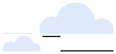 Büyük ve küçük mavi bulutlar temiz siyah ve gri yatay çizgilerle havada süzülür. Hava durumu, veri depolama, minimalizm, doğa, tasarım, soyutlama, basitlik kavramları için idealdir. Temiz düz basit metafor