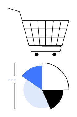 Alışveriş arabası segmentli turta grafiği, perakende trendleri, pazar analizi ve e-ticaret verileri ile eşleştirildi. İş, finans, satış, büyüme, strateji analizi için ideal basit bir metafor