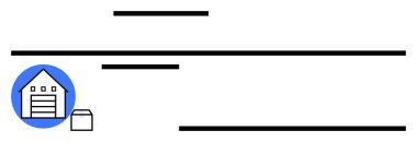 Garaj kapısı olan bir depo mavi dairenin içindeki küçük bir kutunun yanında doğrusal soyut elementlerle çevrili. Lojistik, depolama, nakliye, teslimat, envanter yönetimi, e-ticaret için ideal
