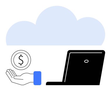 Bulut arkaplan, dizüstü bilgisayar ve para ile el, mali işlemler, bulut hesaplama ve dijital ödemeleri akla getiriyor. Finans, bankacılık, fintech, bulut servisi uzaktan iş için idealdir.