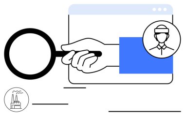 Kullanıcı profili portresi ve fabrika simgesini analiz eden büyüteçle. Araştırma, analitik, endüstri, işe alım, yönetim, çalışanlara odaklanma ve teftiş için ideal. Düz basit metafor