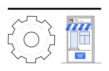 Aerodinamik e-ticareti temsil eden alışveriş arabasının yanındaki vites sembolü. Teknoloji, otomasyon, e-ticaret, iş, online alışveriş, optimizasyon, basit iniş için ideal