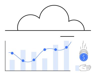 Bulut örtüsü, yükselen finansal büyümeyi gösteren grafikler, çizgi çizelgesi eğilimi, düşen paralar, uzanan eller. Bulut hesaplama, finans, analitik, yatırım ve teknoloji büyümesi için ideal