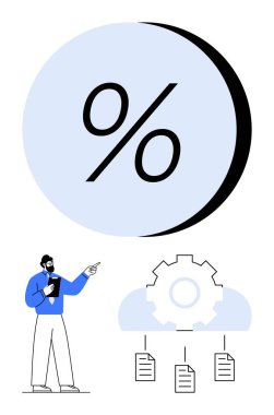 Dev yüzde sembolü, tabletle işaret eden adam, belgeleri birbirine bağlayan bulut dişlisi. Veri, finans, analiz, strateji, organizasyon otomasyon teknolojisi için ideal. Düz basit metafor