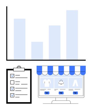 Bar tablosu, mağaza önlü bir web sitesi ekranı ve kontrol listesi panosu. E-ticaret, analitik, iş büyümesi, planlama, perakende, satış iyileştirmesi için ideal basit iniş sayfası