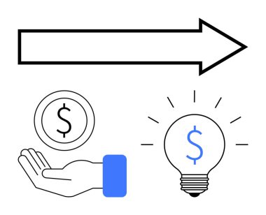 Önü işaret eden ok, dolar bozuk para tutan el, içinde dolar sembolü olan ampul. Finans, iş, yatırım, ilerleme, yenilik, strateji pazarlama için ideal