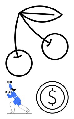 Kalın çizgili iki kiraz, dürbünle aktif olarak keşif yapan biri ve bir para sikkesi sembolü. Finans kavramları, yatırım, arama, başarı, strateji ve minimalizm için ideal