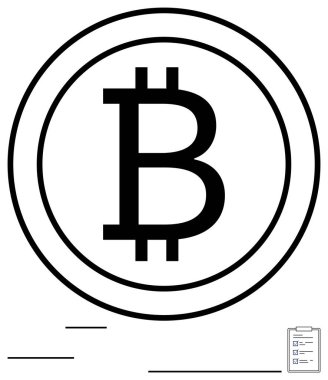 Dairesel tasarım merkezli kalın Bitcoin logosu, görevleri veya finansal planlamayı gösteren pano. Kripto para birimi, engelleme zinciri, yatırım, ekonomi, teknoloji, gelecekteki para kaynakları için ideal. Düz