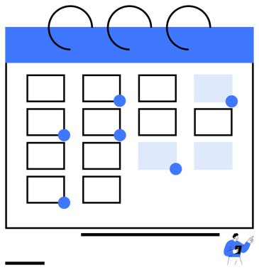 Olay işaretleri, tarih kareleri ve detaylara bakan küçük şekilli takvim düzeni. Program, organizasyon, zaman yönetimi, hatırlatıcılar, ajanda, verimlilik için ideal basit iniş sayfası