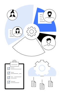 Takım profilli dişli ve turta şeması, panoda kontrol listesi ve belge bağlantısı. Takım çalışması, iş akışı, görev yönetimi, üretkenlik, organizasyon, analitik düz metafor için ideal