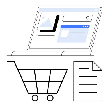 Bir web sitesi, alışveriş arabası ikonu ve e-ticareti, alışverişi ve dijital işlemleri simgeleyen belge kağıtlarını gösteren bir dizüstü bilgisayar. Perakende, pazarlama, yenilik ve teknoloji sektörü verileri için ideal