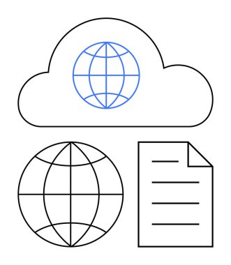 İçinde küre, küre ve belge simgesi olan bulut veri depolama, küresel bağlantı, dosya paylaşımı. Teknoloji, iletişim, takım çalışması, uzak çalışma ağı depolama için ideal