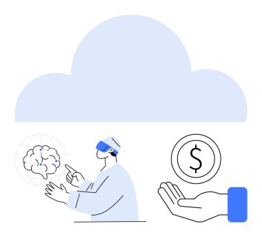 VR kulaklık kullanan bir adam dijital beyin simgesini analiz ediyor, üzerinde büyük bulut sembolü, elinde dolar işareti var. Yapay zeka, bulut hesaplama, VR, teknoloji, yenilik, yatırım sade iniş sayfası için ideal