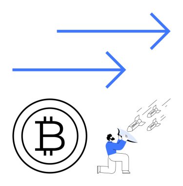 Dairesel Bitcoin sembolü, yönü gösteren mavi oklar, RISK etiketli bombalara bağıran megafonlu adam. Kripto para birimi, yatırım, risk yönetimi, uyarı ve finans için ideal