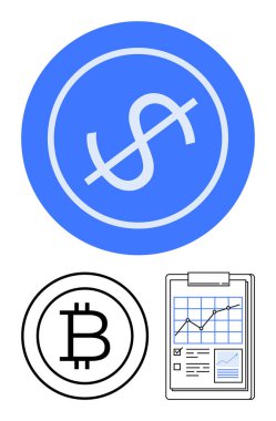 Çapraz işaretli dolar işareti, Bitcoin logosu, grafik ve kontrol listeli performans çizelgesi. Finans, ekonomi, kripto para birimi, yatırım riskleri, iş analizi, düz metafor ticareti için ideal