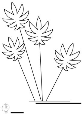 Soyut doğrusal kenevir yaprakları uzun saplı ve temiz zemin çizgileriyle. Doğal ürün markalaşması, eko-tasarım, sürdürülebilirlik, tarım, refah, minimalizm, basit iniş sayfası için ideal