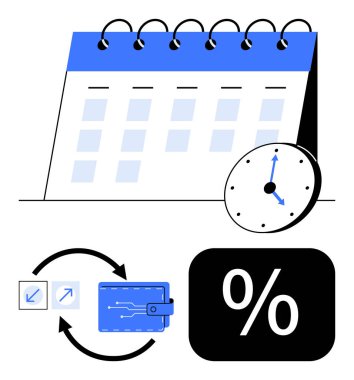 Bitiş tarihleri için saati, işlem için okları ve yüzde simgesi olan cüzdanı olan bir takvim. Zaman yönetimi, finans, bütçe, krediler, faiz oranları tasarrufları için ideal. Düz basit