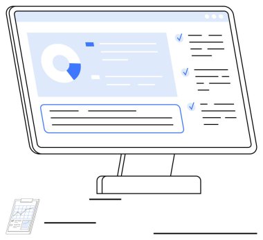 Masaüstü ekran görüntüleme şeması, kontrol listesi ve veri. Analiz, proje yönetimi, veri örgütü, iş akışı, üretkenlik araçları, ofis görevleri için ideal düz metafor