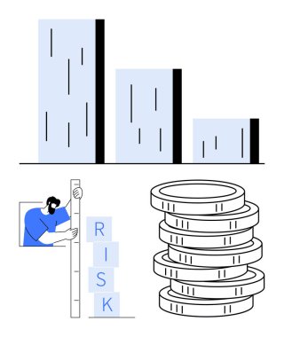 Bar tablosu, figür ölçme riski ve madeni para desteleri mali büyüme, risk yönetimi ve parasal stratejiyi sembolize ediyor. Finans, yatırım, veri analizi ve ekonomi için ideal başarı tasarrufu basit