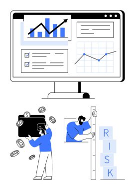 Grafikler, çizelgeler, kontrol listesi, bozuk paralarla cüzdanı yöneten kişi, engelleri işaretleyen risk. Finans, yatırım, strateji, risk yönetimi analitik büyüme için ideal