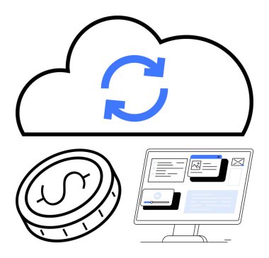 Senkronize ikona sahip bulut, mali durumu sembolize eden bir dolar para ve dijital araçları gösteren bir masaüstü ekranı. Bulut hesaplama, fintech, finans, veri senkronizasyonu, teknoloji, çevrimiçi bankacılık için ideal