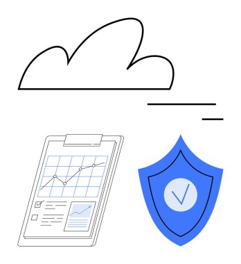 Çizgileri olan bir bulut silueti, analitik çizelge gösteren bir pano, işaretli bir rozet. Bulut hesaplama, veri güvenliği, analitik, teknik çözümler, koruma, güvenlik platformları için ideal