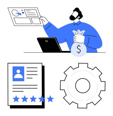 Adam dizüstü bilgisayarla mali verileri analiz ediyor profil ölçümleri, 5 yıldızlı performans ve ayarlar için ekipman gösteriyor. İş analizleri, işe alım, finans, yönetim, optimizasyon stratejisi için ideal