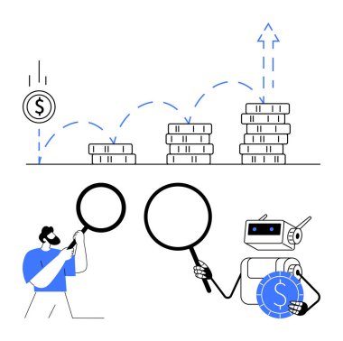 Bozuk paralar, büyüteç kullanan bir insan ve robot tarafından takip edilen yukarı doğru ok ile artan bir sırayla istiflenir. Finans, yapay zeka, yatırım analizi, işbirliği, büyüme, yenilik için ideal, düz basit