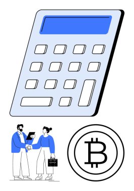 En üstteki büyük hesap makinesi, iki iş adamı bir belgeyle el sıkışıyor, Bitcoin logosu. Finans, kripto para birimi, iş birliği, dijital ödeme, muhasebe, ekonomi için ideal