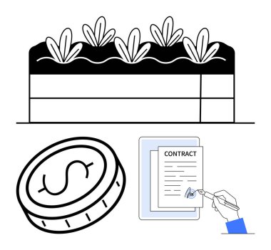 Toprakta yetişen bitkiler, bir dolar bozuk para ve kontrat imzalayan bir el. Çiftçilik, sürdürülebilirlik, finans, yatırım, anlaşmalar, eko-ticaret ve basit bir iniş sayfası için ideal