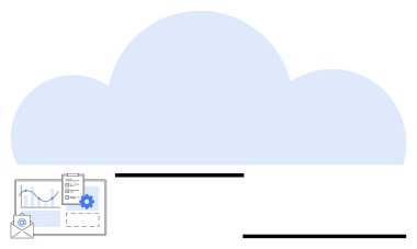 Mavi bulut arkaplanı, analitik grafik, vites simgesi, e-posta zarfı ve kontrol listesi. Teknoloji, bulut hesaplama, veri yönetimi, iletişim analitik verimliliği ve basit iniş sayfası için ideal