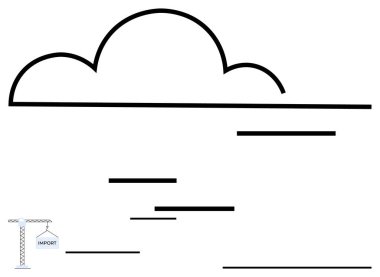 Veri alışverişini temsil eden asgari çizgiler üzerinde bulut yapısı ve veri entegrasyonunu gösteren ithal etiketli küçük vinç. Teknoloji, bulut depolama, veri transferi, kodlama, geliştirme için ideal