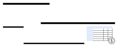 Küçük bir finans tablosu ve dolar sembolü olan boş bir çek tasarımı, ödemeleri, finans, bankacılık, maaş bordrolarını, bütçe işlemlerini ve muhasebe temalarını temsil ediyor. Basit bir daire için ideal