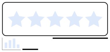 Dikdörtgen bir çerçevede beş yıldız. Müşteri reytinglerini, yorumlarını ve tatmin analizlerini simgeleyen minimal bir çubuk grafiği var. Geri bildirim, değerlendirme, kalite kontrolü, pazarlama ve veri için ideal