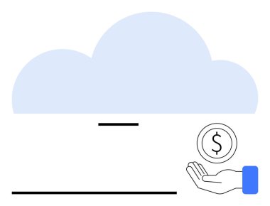 Asgari tasarımı olan bulut, el destekleyici madeni para ve finansal sembol. Finans, bulut depolama, teknoloji, yatırım, veri güvenliği, çevrimiçi ödemeler ve basit iniş sayfası için ideal
