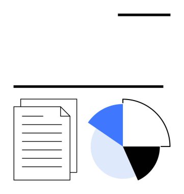 Kağıtlar bölünmüş bir pasta grafiğinin yanına istiflenmiş. Analiz, kayıt tutma ve istatistikler. İş, finans, eğitim, raporlama, planlama, iş akışı için ideal sade metafor